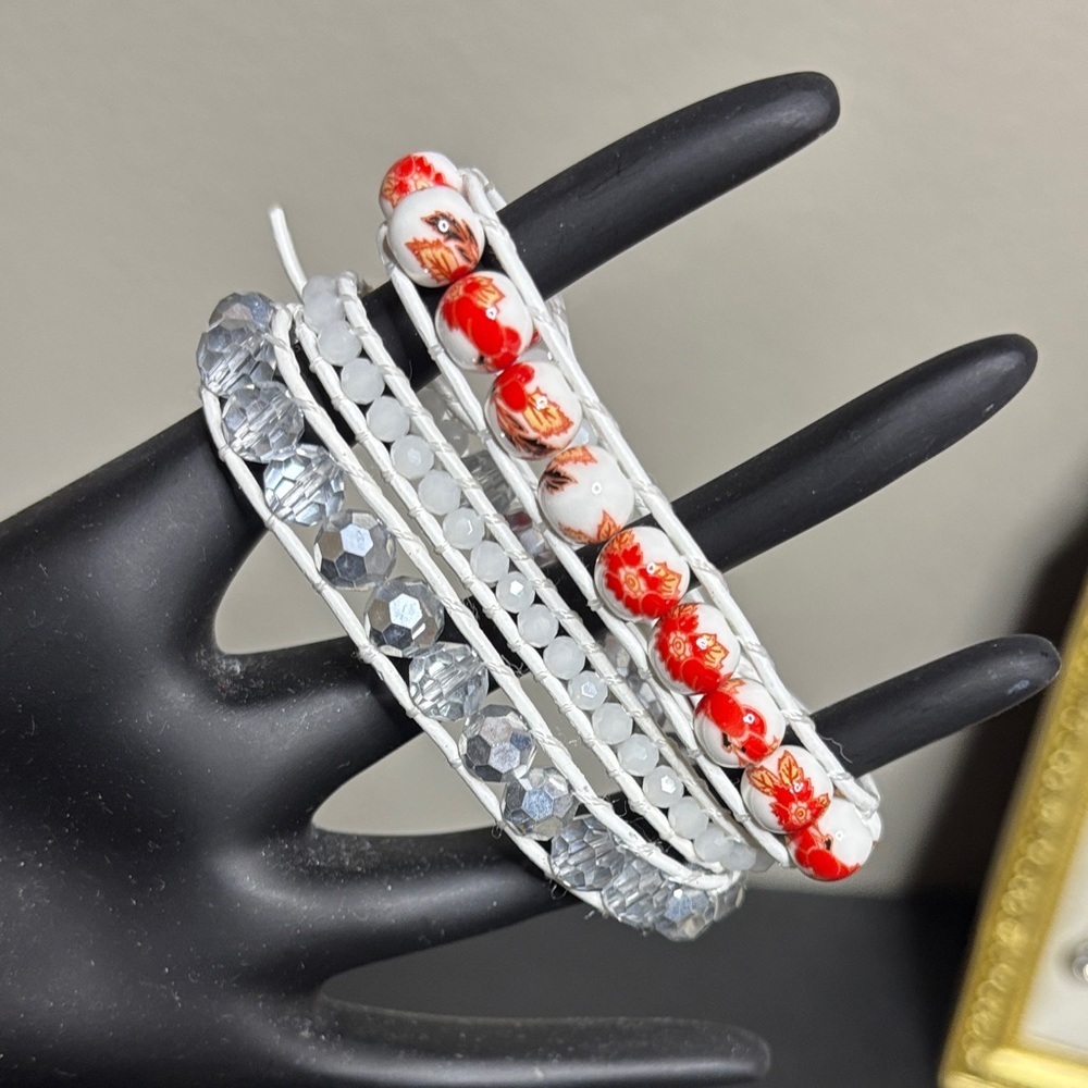 Victoria Emerson White and Red Beaded Wrap Bracelet Boho